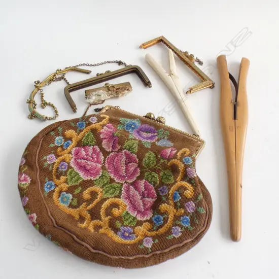 Needlework purse and four metal clasps. Two glove stretchers.